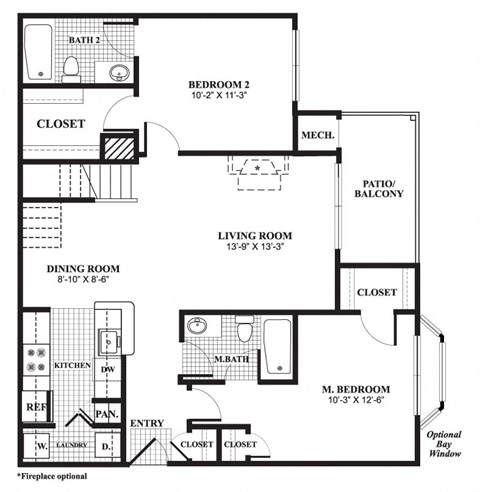 Floor plan for 2 beds, 2 baths, 1149 sqft